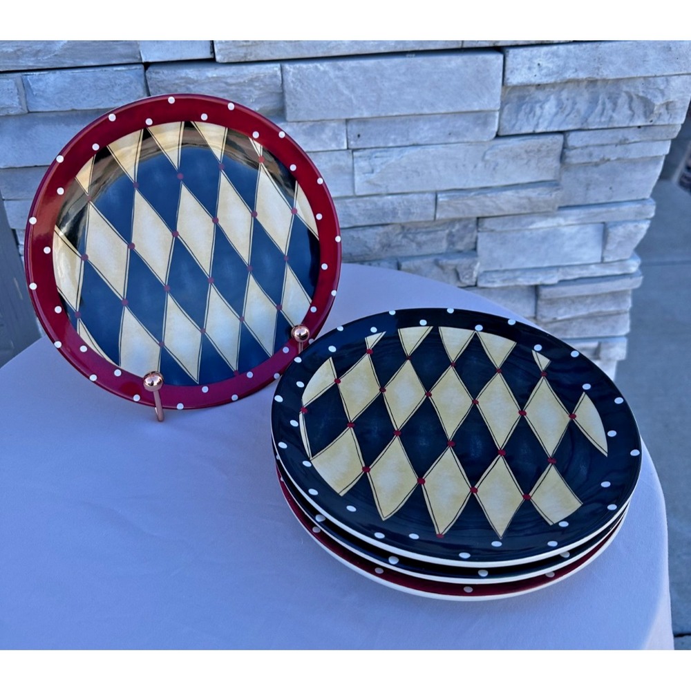 certified International Harlequin Diamond Salad Plates Red Black Polka Dot Set 4